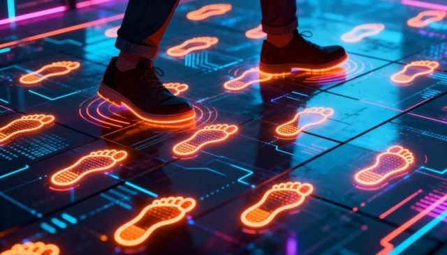 Neon footprints guiding walking sneakers on futuristic smart circuit floor with lit soles