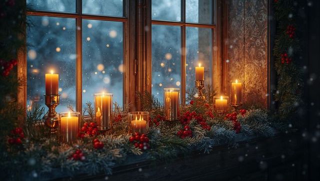 Cozy Candlelit Winter Windowsill with Red Berries