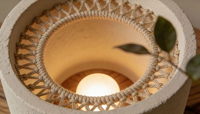 Handmade macrame-plaster lamp with frosted bulb casting warm textured glow