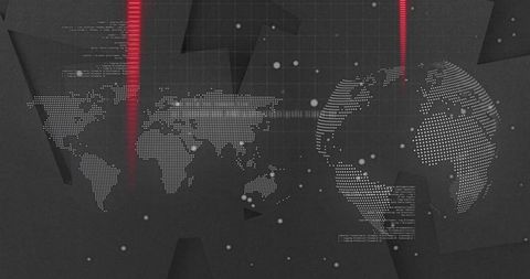Futuristic dotted world map and globe with red data beams, grid, monochrome infographic overlay