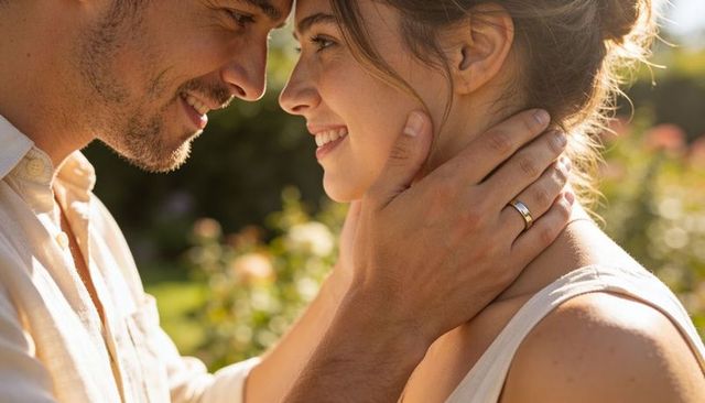 Sunlit couple touching foreheads, smiling, man cupping woman's neck showing wedding ring