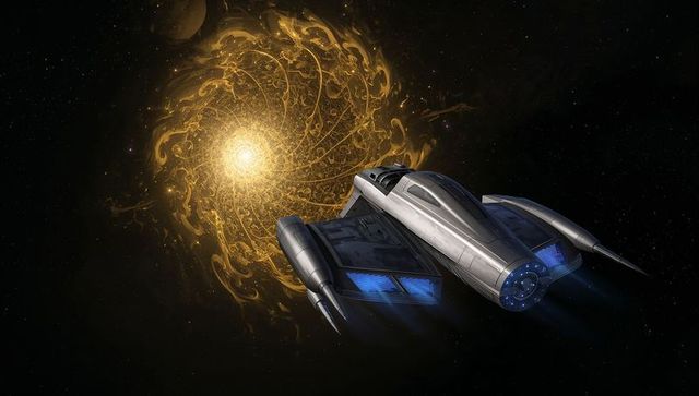 Futuristic silver spacecraft navigating cosmic golden portal