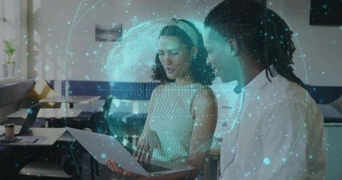 Business Colleagues Analyzing Holographic Globe for Innovative Solutions