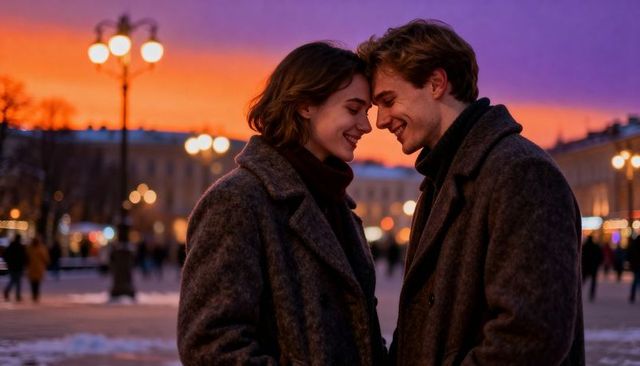 Young couple touching foreheads in winter city square at sunset, romantic moment