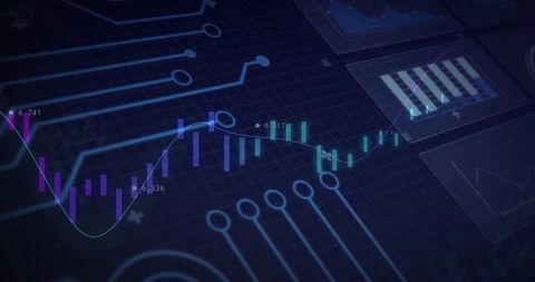 Futuristic data analytics dashboard with candlestick charts