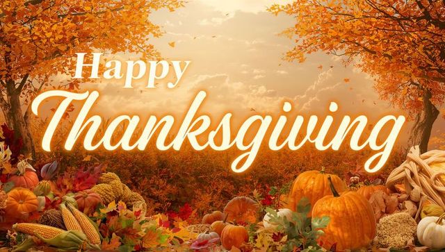 Happy thanksgiving greeting over autumn harvest featuring pumpkins, cornucopia, fall leaves