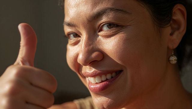 Closeup smiling woman giving thumbs up warm sunlit portrait showing positive approval