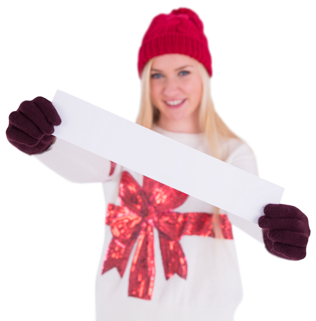 Transparent Festive Woman Holding Blank Banner Winter Clothing - Download Free Stock Videos Pikwizard.com