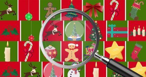 Magnifying glass over christmas decor illustrations