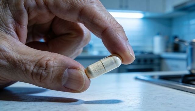 Senior hand holding beige capsule close-up on kitchen countertop for medication routine