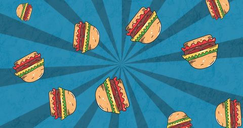 Cheeseburgers falling on blue radiating background