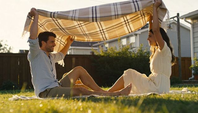 Couple holding plaid blanket canopy over backyard picnic at golden hour, romantic scene