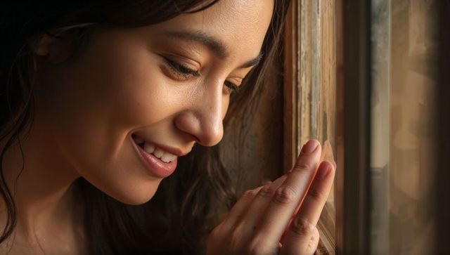 Smiling asian woman touching wooden window glass in warm amber light, intimate closeup
