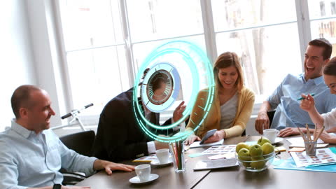Diverse Team Collaborating with Futuristic Tech Overlay in Office