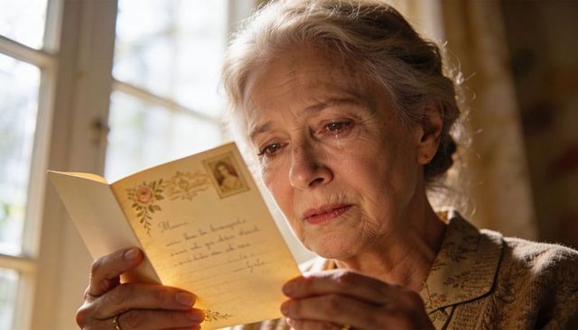 Senior woman reading handwritten letter with tearful expression by window light