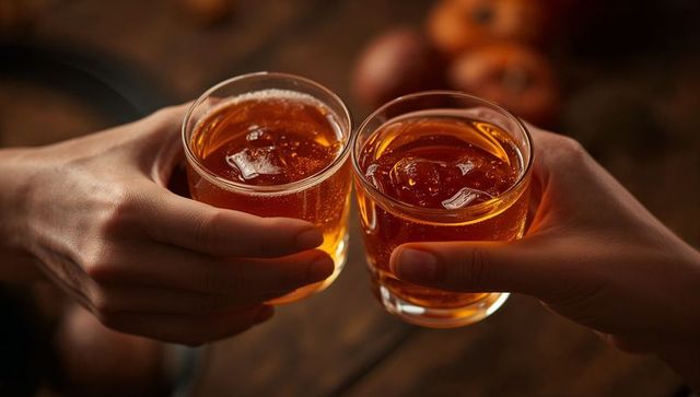 Clinking amber whiskey glasses with ice on rustic wooden table, intimate cheers moment