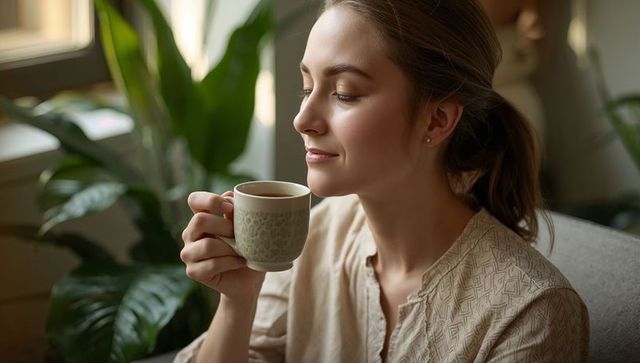 Young woman sipping tea on cozy sofa near sunlit window with lush indoor plants