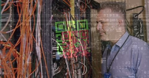 Caucasian Man Checking Servers with Digital Overlay - Download Free Stock Images Pikwizard.com