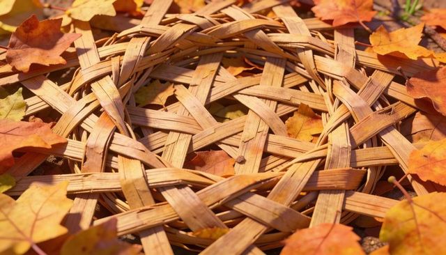 Handwoven rustic wicker wreath resting on sunlit autumn leaves fall decor background arrangement