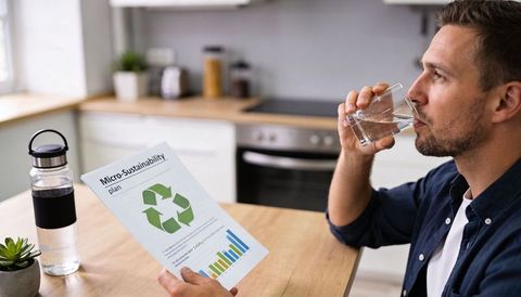 Man reviewing micro-sustainability plan while drinking water at wooden kitchen table