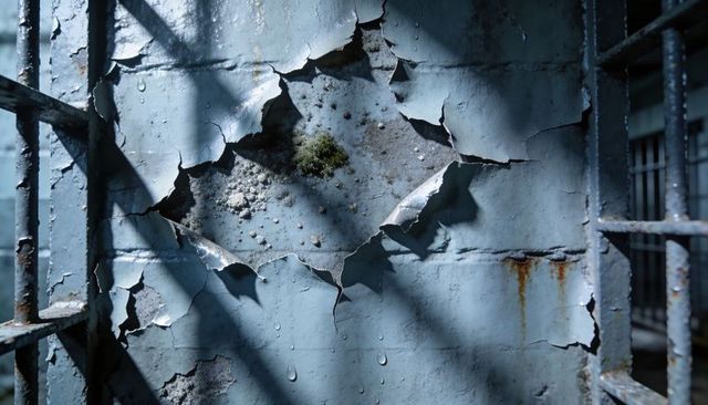 Peeling blue paint revealing corroded metal, moss and droplets behind prison bars