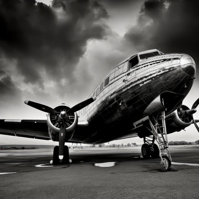 Capturing the majestic and imposing presence of a vintage airplane on the runway under a dramatic, cloud-filled sky, this image offers evoke nostalgia and highlight the historical significance of aviation. Excellent for use in aviation history and transportation-themed publications, museum exhibitions, historical presentations, and promotional materials emphasizing vintage travel or aeronautical engineering.