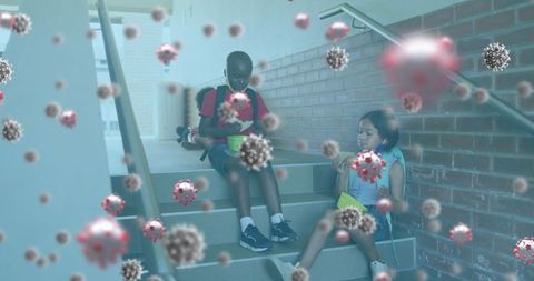 Children Wearing Masks with COVID-19 Virus Droplets