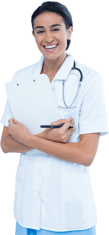 Transparent Cheerful Female Doctor Holding Clipboard