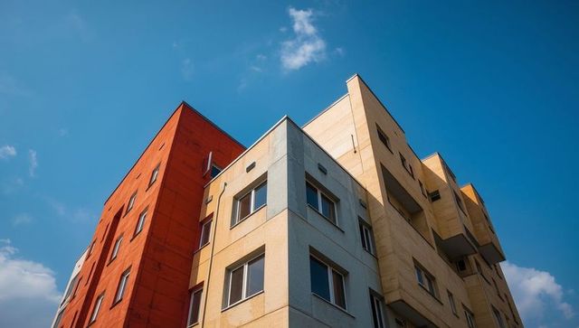 Multicolored urban apartment block against blue sky