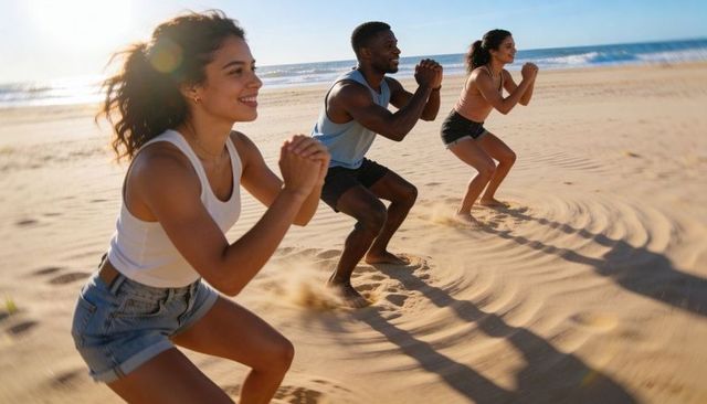 Sunlit beach bootcamp group squats kicking up sand coastal fitness training