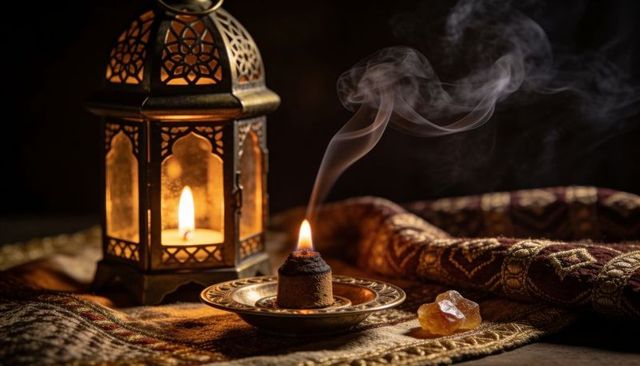 Burning bakhoor cone with ornate brass lantern and curling smoke on rich patterned textile