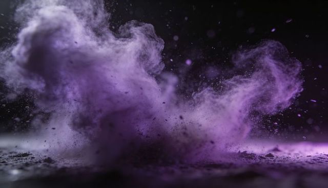 Billowing violet pigment plume rising and dispersing with backlit dust particles and glow