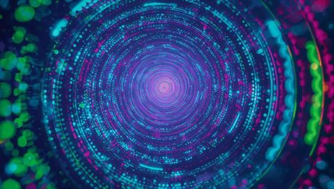 Neon Digital Vortex Rotating Toward Magenta Core with Concentric Dot Rings