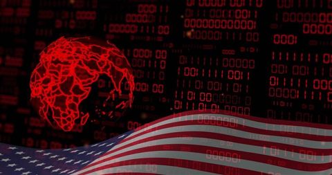 Streaming cyber data over american flag with red wireframe globe highlighting geopolitics
