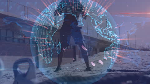 Man Working Out with Digital World Overlay on Beach