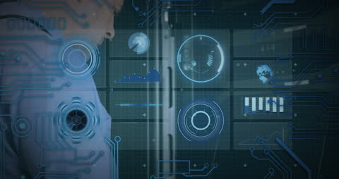 IT Technician Analyzing Data in Server Room with Futuristic HUD Overlay