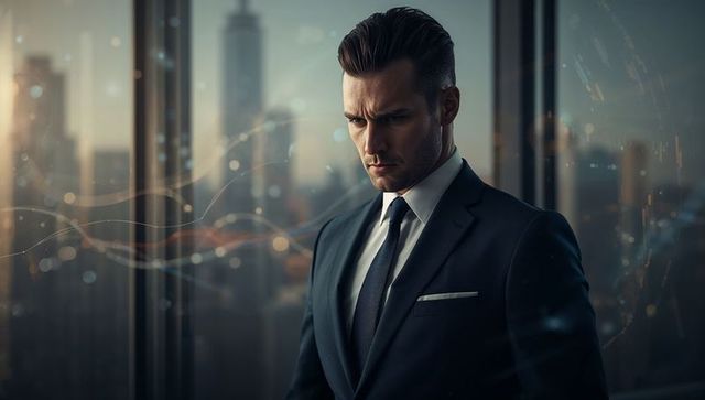 Standing Executive Overlooking City Skyline with Digital Data Overlays and Tech Streams