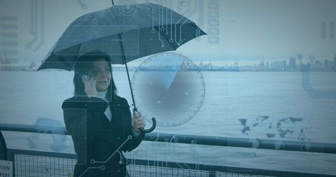 Businesswoman Using Smartphone in Rain with Futuristic Data Overlay
