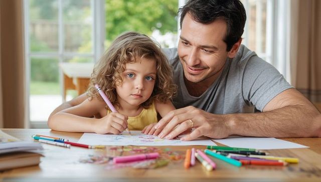 Father and Daughter Bonding through Drawing at Home with Colored Pencils