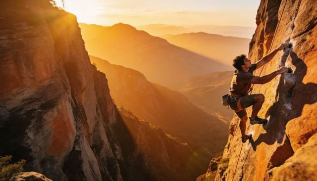 Sunset rock climber scaling vertical canyon wall with rope harness and chalked holds