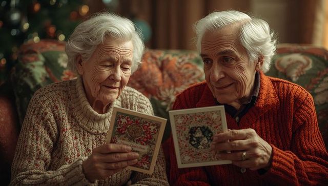 Senior Couple Enjoying Holiday Greeting Cards in Cozy Home