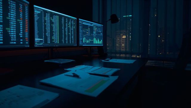 Nighttime Financial Data Analysis on Multiple Monitors in Modern Office