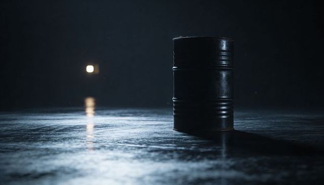 Rusty Steel Barrel Standing on Wet Reflective Concrete Floor with Moody Backlight and Haze