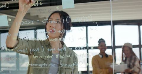 Diverse Women Collaborating on Glass Wall Office Brainstorming