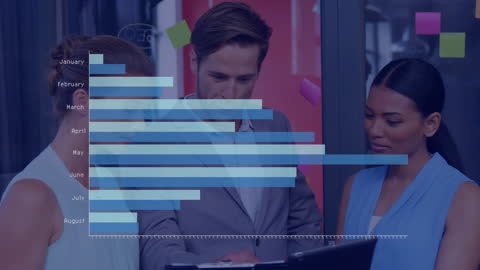 Diverse Business Team Analyzing Financial Data Visualization Overlay