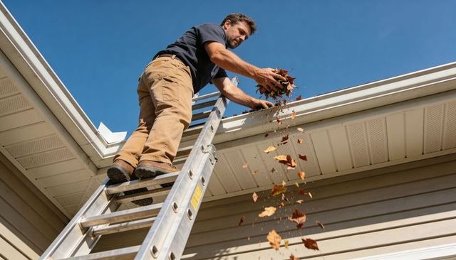 Homeowner cleaning gutters on ladder removing autumn leaves from eaves