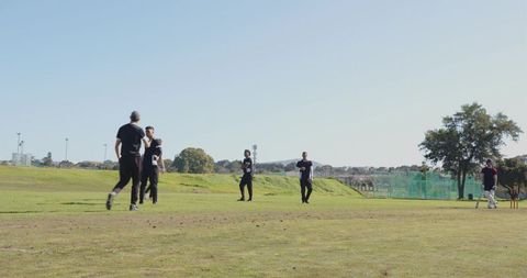 Cricketers Practicing on Sunny Field in Preparation for Upcoming Match