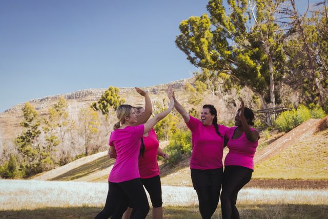 Group of fit women giving high five to each other in outdoor boot camp on a sunny day. Perfect for promoting fitness programs, team-building activities, and healthy lifestyle campaigns. Ideal for use in advertisements, social media posts, and fitness blogs.