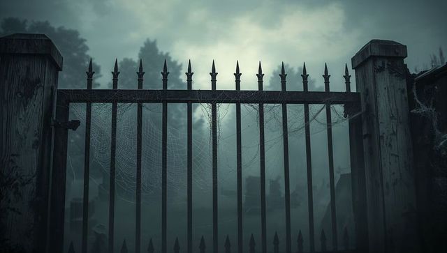 Haunted graveyard gate covered in spider webs amid fog