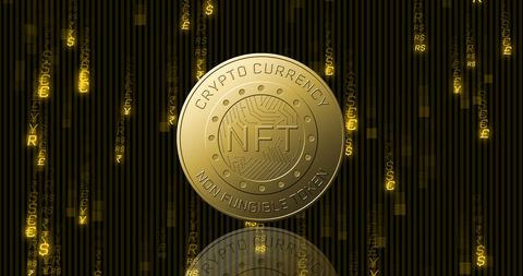 Golden NFT Coin Spinning Amidst Currency Symbols